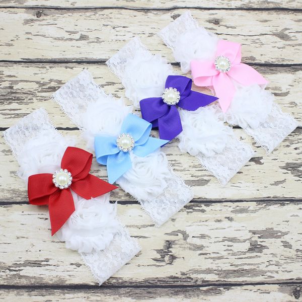 

mix 4 colors baby infant pearl bowknot flower lace headbands kids boutique bows lovely party decoration christmas hair accessories, Slivery;white