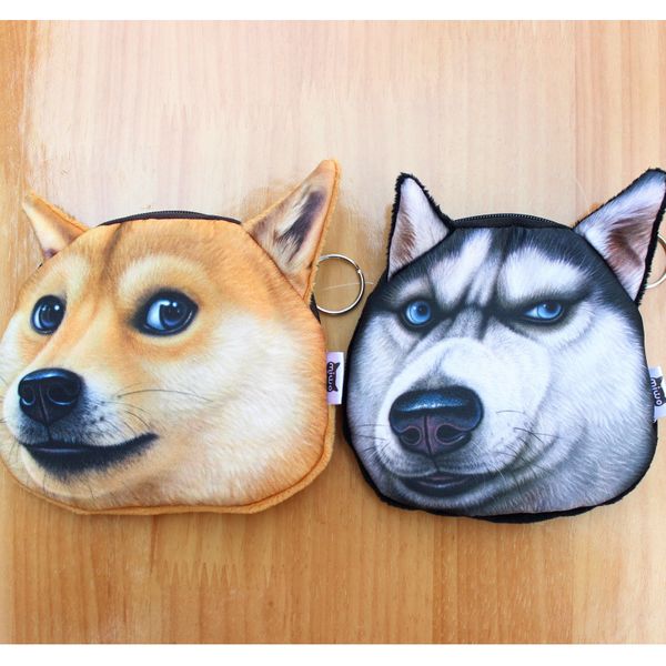 DHL Frete Grátis Husky E Akita Dog Face Personalidade carteira Cão Rosto Bolsa Com Zíper Caso Crianças 3D Bolsa de Impressão Digital carteiras