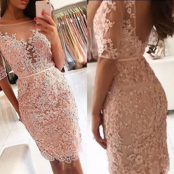 

bead pink peach cocktail dress school prom backless knee length lace party dresses evening wear with sleeves, Black