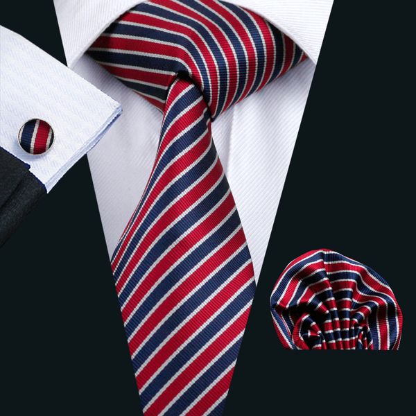 

red blue stripe tie hankerchief cufflinks mens set jacquard woven classic 8.5cm width necktie set n-0512, Black;blue