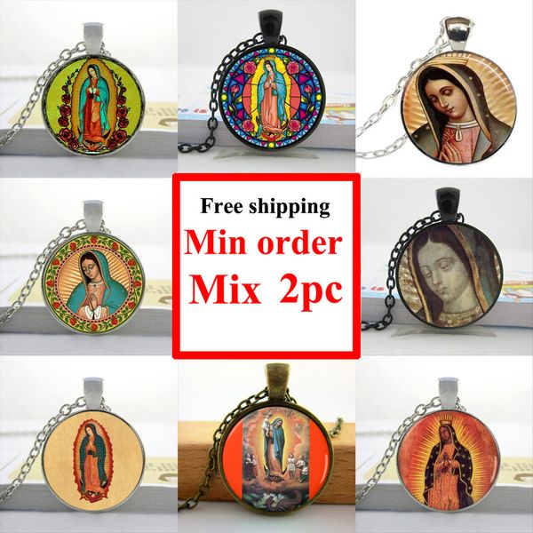 

wholesale-wholesale our lady of guadalupe necklace our lady of guadalupe jewelry virgin mary sacred heart art glass necklace, Silver