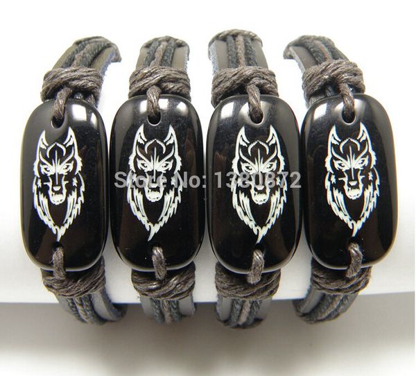 

wholesale-cool men's tribal leather bracelets tribal carved imitation yak bone wolf bracelet adjustable charm bracelet for gift yo-mb03, Black