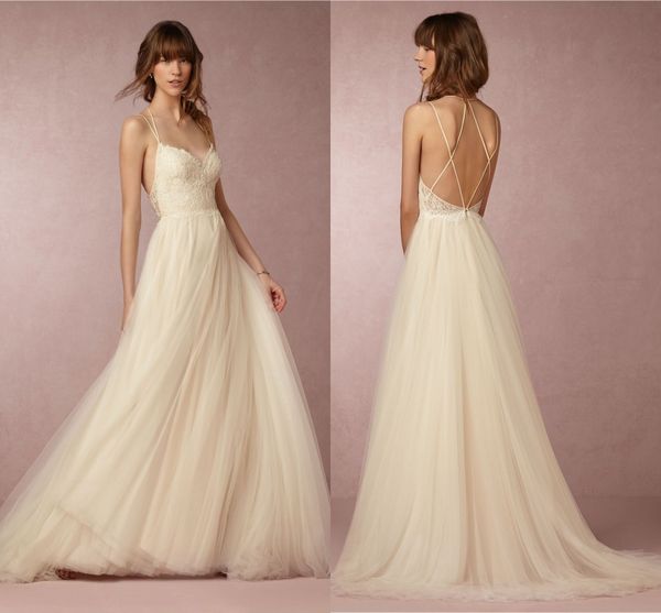 

2021 beach wedding dress spaghetti strap sleeveless appliques lace on a-line wedding gowns custom made, White
