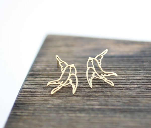 

1pair- s012 gold silver cut-out lovely wild origami swallow stud earring cute graceful soaring nimble flying birds stud earrings, Golden;silver