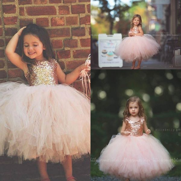 

Blush Pink Tutu Toddler Infant Flower Girls Dresses 2018 Sparkly Rose Gold Sequins Little Princess First Communion Wedding Party Dress