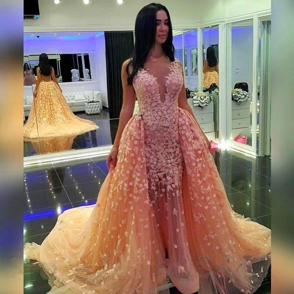 

gorgeous long lace appliques evening dresses latest lace see through vestido a line arabic prom dress sweep train party gowns cheap, Black;red