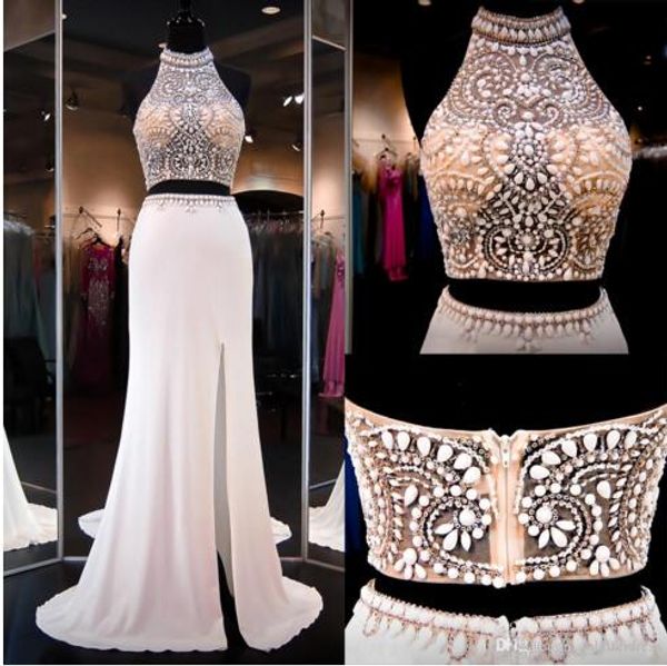 

ivory two pieces dresss prom gowns high beaded neck halter open back slit illusion crop mermaid prom dresses party gowns, Black