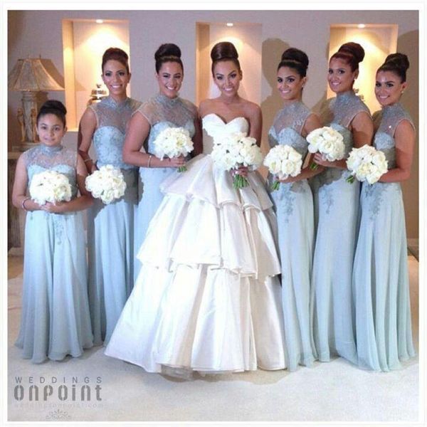 

sheer high neck long bridesmaid dresses 2016 capped sleeve appliqued lace chiffon keyhole back sky blue junior/bridesmaid dresses, White;pink