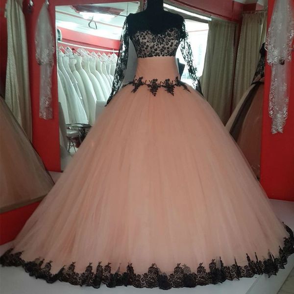 

black sheer lace peach prom dresses with long sleeve vestidos de festa a line back corset splendid formal party evening gowns 2016