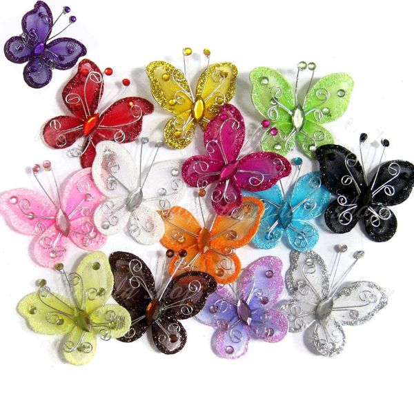 

wholesale-10pcs organza wire rhinestone butterfly / wired mesh butterfly - embellishments glitter craft bows with rhinestones
