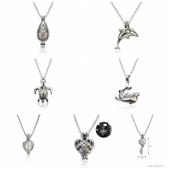 

120pcs Silver Locket Pearl Cage Pendant Necklace Lock In Oyster Pearl Beads Love Shark Key Tortoise Dolphins Drop Pendant Chokers