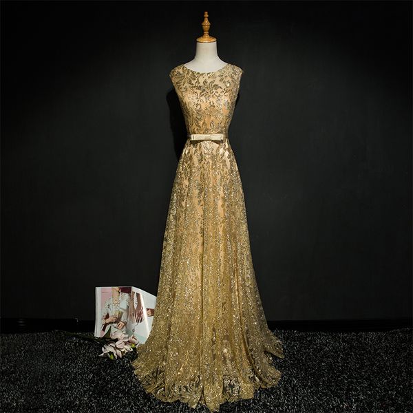

Bling Bling Golden Arabic Evening Dresses Sequined Lace Prom Dresses Scoop Neckline A Line Formal Dresses Long Gowns For Celebrity Party