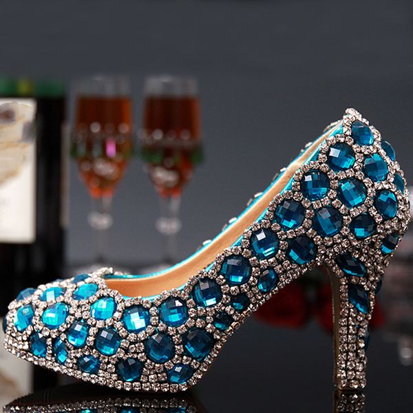 Moda de Nova Sapatos De Noiva De Casamento Mulher de Salto Alto Azul de Cristal Mulheres Sapatos de Festa a Nova Princesa Strass Sapatos Femininos