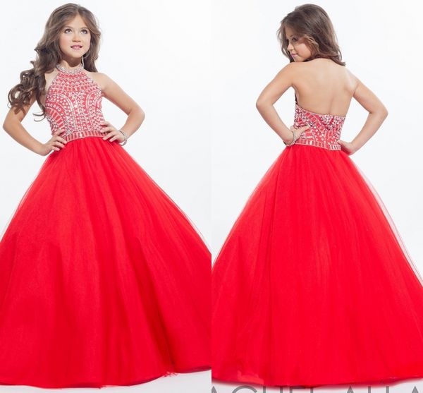 Abito da ballo rosso su misura Abiti da spettacolo per ragazza Collo alto Halter Tulle di cristallo argentato Backless Bambino Abiti da cerimonia per bambini piccoli