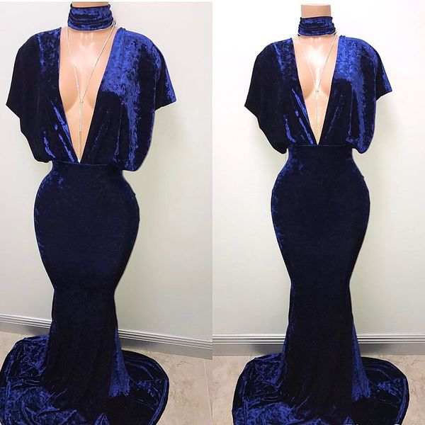 

beautiful royal blue mermaid prom dresses deep v-neck beat sleeves sweep train long evening dress, Black