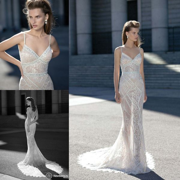 

vintage lace wedding dresses spaghetti straps appliques beads sequins bridal gowns custom made backless sweep train robe de mariÃ©e, White