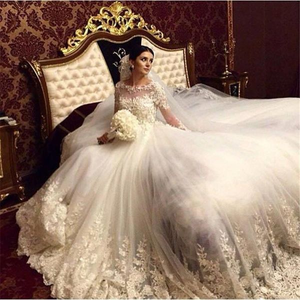

romantic victorian ball gown wedding dresses scoop vintage long sleeves arabic islamic lace appliques bridal dresses ba0632, White