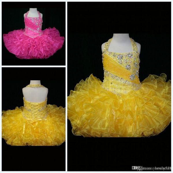 Rosa-gelbes Organza-rückenfreies Neckholder-Kleid für kleine Blumenmädchen, Schnürung am Rücken, kleine Rosie-Rüschen, Glitzer, hochwertige Festzugskleider für Kleinkinder
