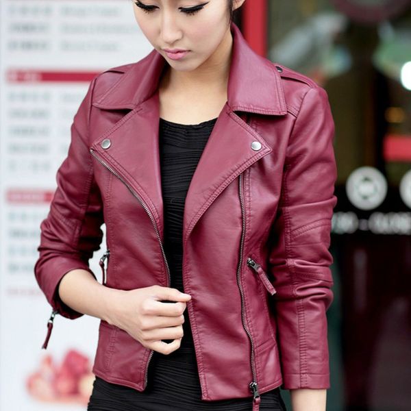 

wholesale- new spring women leather jacket red black pu plus size jackets motorcycle leather jacket slim casual coat