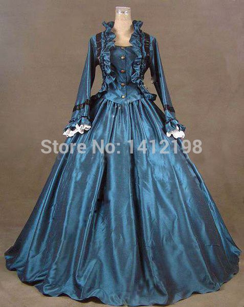 Wholesale-2015 vintage Blue Victorian Dress and Halloween High Quality Handmade Party Dresses Long Sleeve Ball Gown Free Shipping