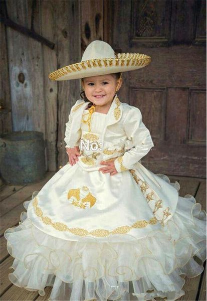 2017 venda quente linda flor de ouro branco vestidos da menina vestido de baile meninas pageant dress lace up crianças comunhão vestido de festa de casamento qs1102