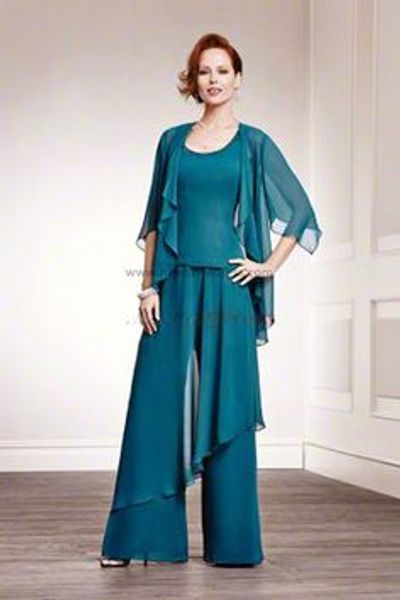 Nach Maß Neueste 3 stücke Blau Chiffon Mutter der Dame Hosen Anzüge mit Jacke Mutter Braut Für Hochzeit Günstige Frauen abendgesellschaft Anzüge Hosen