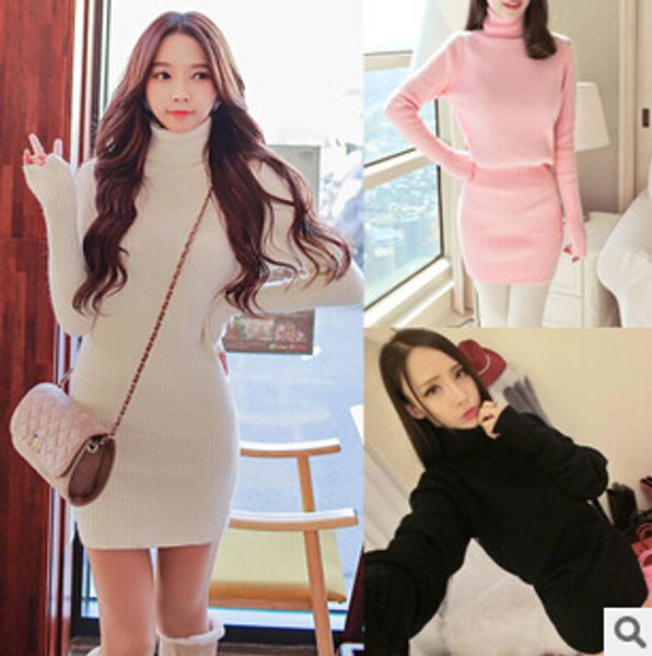 

wholesale-2015 autumn winters knitting sweater fashion turtle neck long sleeve women's sweater dress, White;black