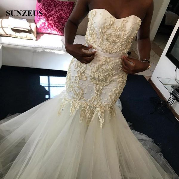 

2017 luxury pearls beaded wedding dresses mermaid sweetheart strapless african bridal gowns trumpet bride dress vestido de noiva, White