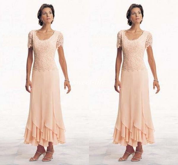 

Modern 2015 Plus Size Mother of the Bride Dresses Short Sleeve Scoop Chiffon A-Line Tea Length Orange Custom Made Evening Gowns Formal Dress