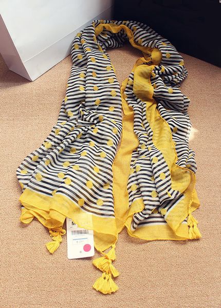 Wholesale-2015 Neuer Marken-Schal aus 100 % Baumwolle mit gelbem Streifen und Punktdruck und Quaste für Damen, Designer-Seidenschal, hochwertiger Sommerschal