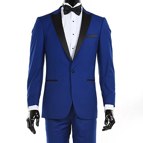 Personalizado Venda Quente Azul Royal Ternos Preto Laplela Homens Ternos Slim Fit Ternos Do Noivo Do Casamento Fumar 2 Peça (Paletó + Cita)