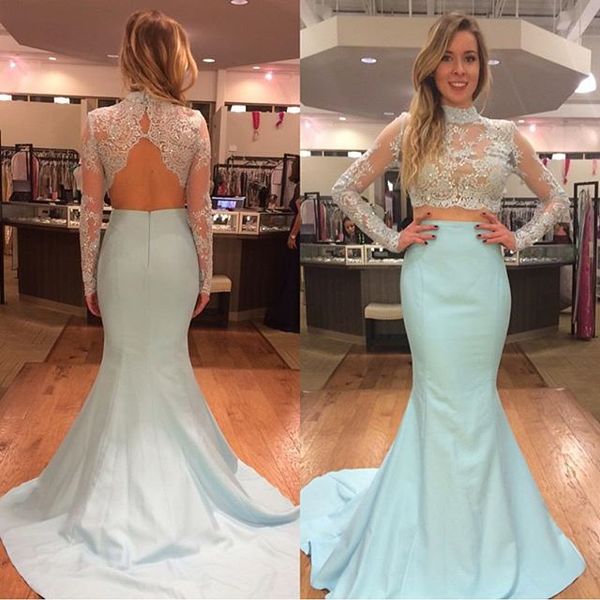 

long sleeve mermaid lace two-pieces evening gowns 2021 lace appliques open back sequin prom dresses pageant gowns, Black;red