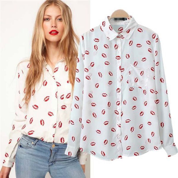 

European Style Women Fashion Red Lip Printed Long Sleeve Blouse Ladies Casual Slim Plus Size Chiffon Shirts Women Clothes ZY592