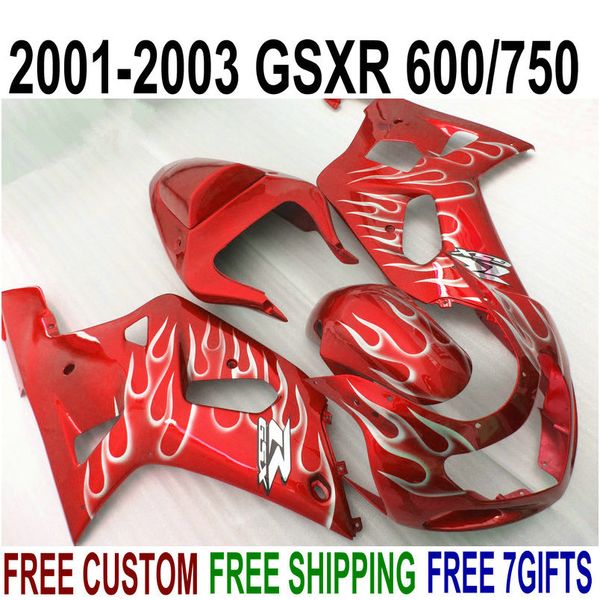 

high grade fairings set for suzuki gsxr600 gsxr750 2001-2003 k1 white flames in red fairing kit gsx-r 600/750 01 02 03 ef52