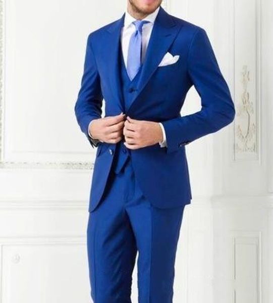 Erkek Suit Blazers Yeni Gelişler İki Düğme Kraliyet Blue Damat Smokin Pik Yakası Sağdı Sağdı En İyi Erkek Erkek Düğün (Ceket+Pantolon+Yelek+Kravat) No 1033