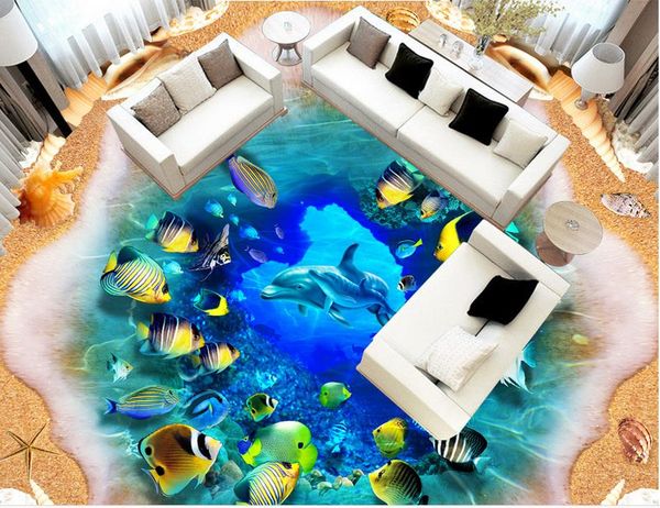 

large 3d three-dimensional marine world mother-child dolphin floor paintingpvc wallpaper for room