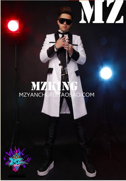 

male singer fashionable nightclub in the korean version runway looks white slice spelling a long black leather costumes. s - 6xl, Black;red