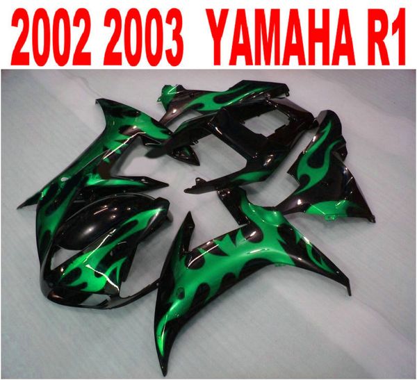 

injection molding abs fairings bodywork for yamaha r1 02 03 yzf r1 2002 2003 green flames in black fairing kit lq67