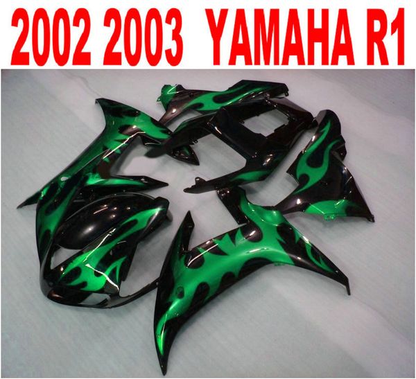 Spritzguss-ABS-Verkleidungskörper für Yamaha R1 02 03, Yamaha R1 2002 2003, grüne Flammen in schwarzem Verkleidungssatz LQ67