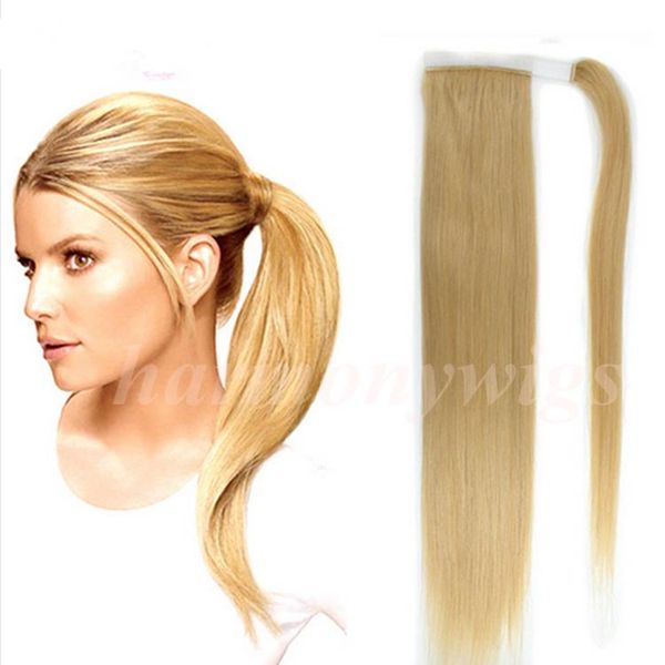 

100% human hair ponytail 20 22inch 100g # 613/bleach blonde double drawn brazilian malaysian indian hair extensions more colors, Black