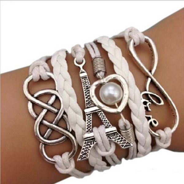 

wholesale- fashion bracelete women jewelry silver plated eiffel tower pendant leather chain cute infinity charm bracelet bangles, Golden;silver