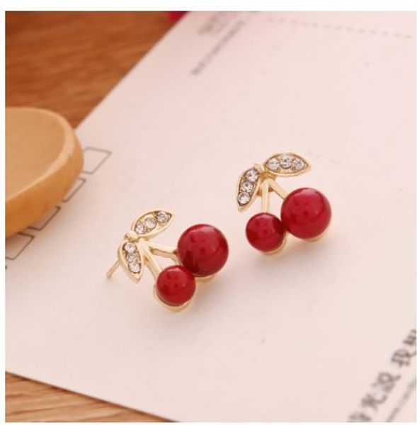 

wholesale 18k gold plated stud red cherry earrings women crystal cherry stud ear charm anti-allergy earrings for lady girl evening party, Golden;silver