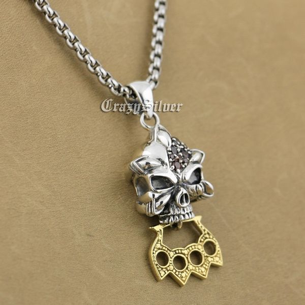 

925 sterling silver skull red cz stone brass knuckle duster pendant 9s023a 316l stainless steel necklace 24 inches
