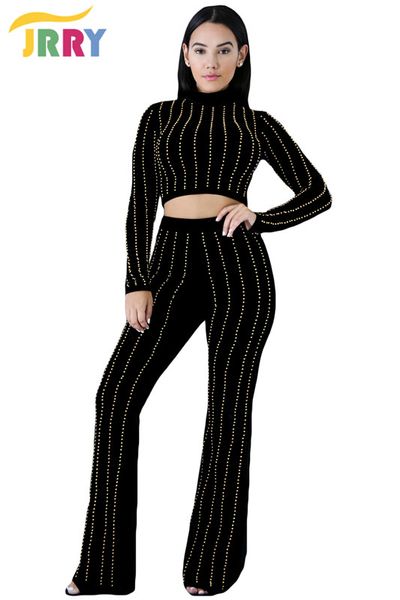 Atacado- jrry casual dois pedaços manga longa mulheres negras jumpsuit de lantejoulas tortleneck colheita top long calças senhoras romper