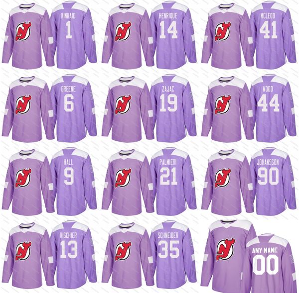 

2018 Fights Cancer New Jersey Devils 35 Cory Schneider 9 Taylor Hall 19 Travis Zajac 13 Nico Hischier Miles Wood Greene Hockey Jerseys