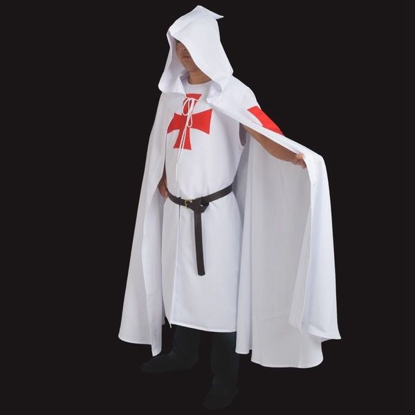 Retro da uomo MEDIEVAL WARRIOR LARP Outfit Costume Cosplay Cavalieri Templari Tunica/CAPE Croce Mantello Regali di Halloween