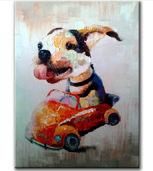Handgemalte Cartoon Tier Ölgemälde auf Leinwand Schöne Driving Dog Art für Wanddekoration in Kinderzimmer oder beste Geschenke für Kinder
