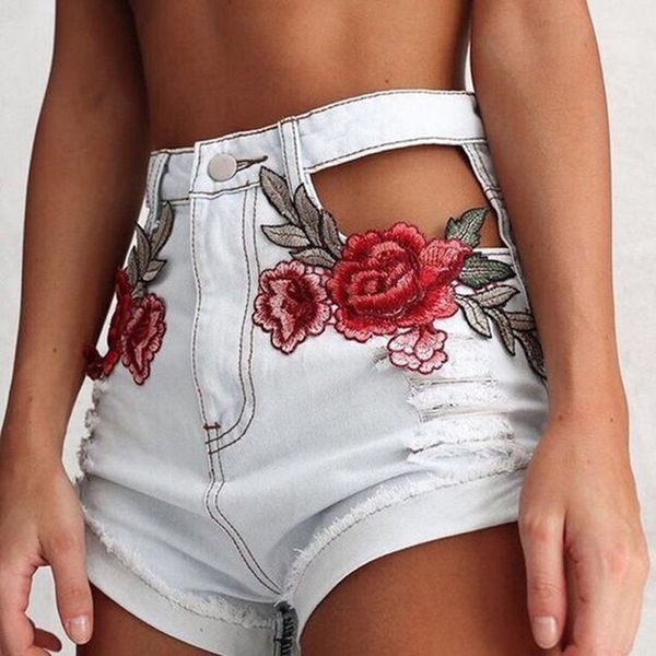 

wholesale- floral embroidery ripped denim shorts women cross embroideried high waist shorts jeans cut out denim short pants summer femme, White;black