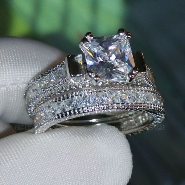Luxo tamanho 5-10 retrô corte princesa 14k ouro branco preenchido com topázio diamantes simulados anel de casamento conjunto presente do dia das mães com caixa