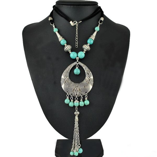 

gypsy fashion women jewelry bohemian vintage silver green turquoise beaded long tassel necklaces & pendants